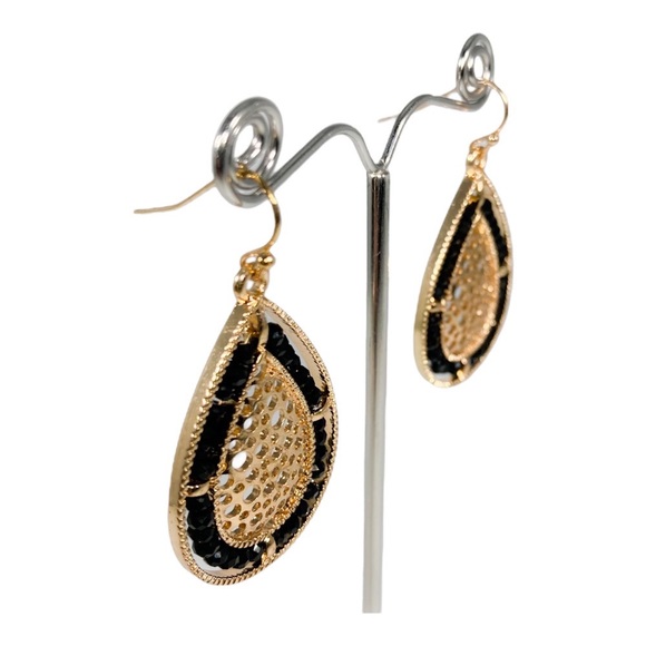 Gold Teardrop Dangle Earrings with Crystals - Picture 3 of 4